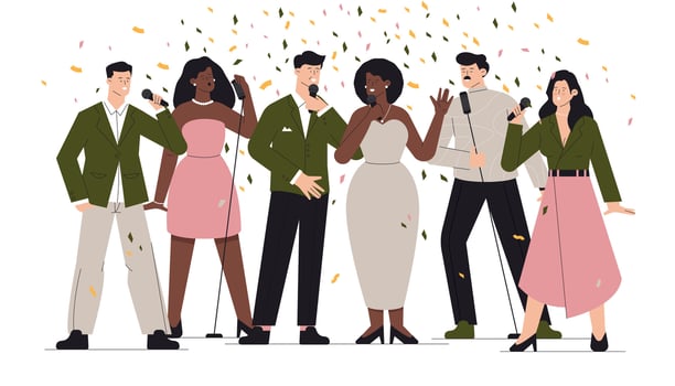 People at karaoke party. Cartoon club and bar singers and musicians, colorful entertainment and music concept. Vector illustration