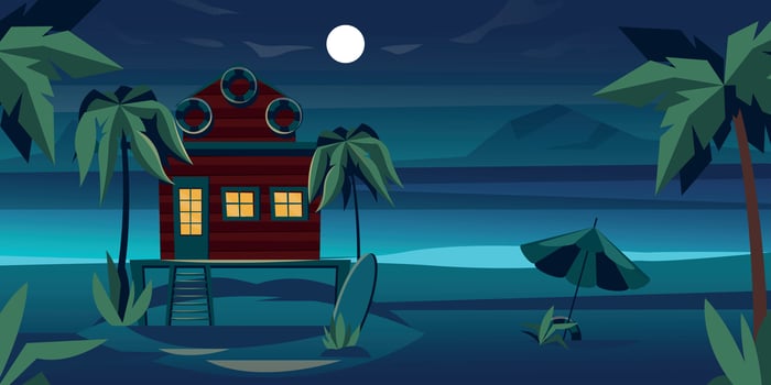 Night beach bungalows. Tropical island resort with swimming lagoon. Summer vacation house with beach and palm trees. Vector night scene