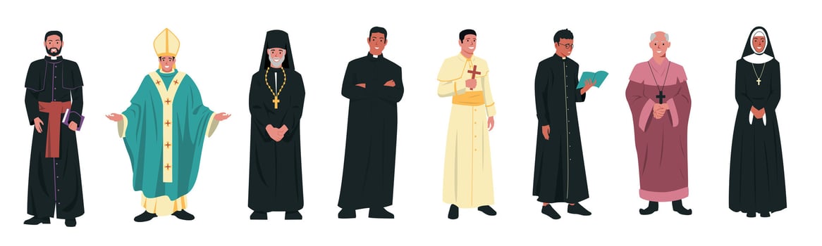 Catholic church characters. Christian religion church leaders in different clothes, catholicism religious clergyman pastor priest pope. Vector cartoon set