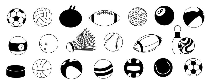 Sport ball icons. Cartoon game ball silhouette flat style, football baseball streetball and volleyball black symbols. Vector isolated collection