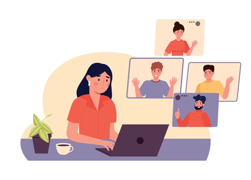 Video conference collaboration. Woman sitting at home with laptop and talking to colleagues online. Coworkers chat vector