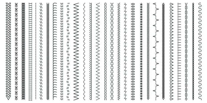 Black stitches collection. Seamless print of decorative cross stitch patterns, old fashion embroidery lace brush thread design. Vector set
