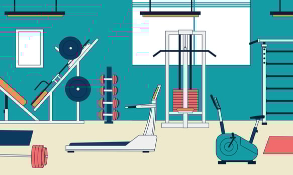 Gym interior with equipment. Cartoon fitness center with fitness training and workout equipment, sport tools and heavy training machines. Vector illustration