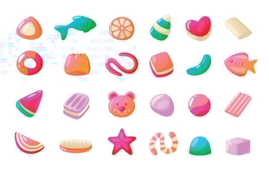 Chewing jelly candies. Cartoon colorful gummy bear sweets, kids chewing gummi fruits, mint chocolate candy multicolored assortment. Vector isolated set
