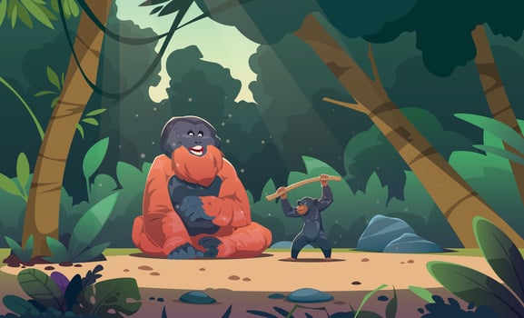 Monkeys in jungle. Wildlife exotic landscape with cute apes on palm foliage, cartoon primates climbing lianas and trees in tropical forest. Vector flat background