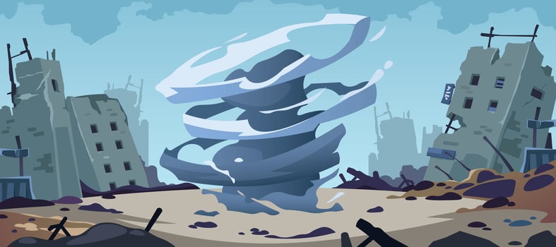 Tornado catastrophe background. Cartoon hurricane windstorm destruction, buildings demolished by cyclone, tornado stormy disaster concept. Vector illustration