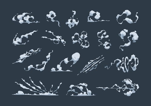 Smoke cartoon effect. Comic steam and dust stream, smoke and fire motion blast game asset, cloud and fluid evaporation graphic. Vector set