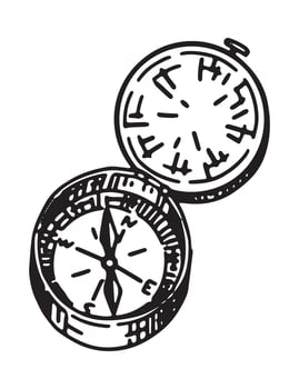 Compass sketch clipart. Outdoors adventure attribute, hiking travel doodle isolated on white. Hand drawn vector illustration.