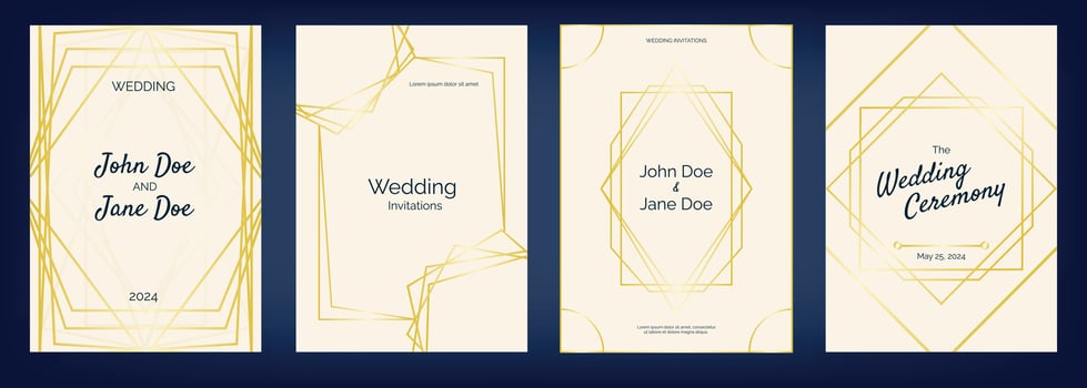 Wedding invitation with golden lines. Luxury elegant wedding card with geometric pattern. Modern minimalistic design vector concept