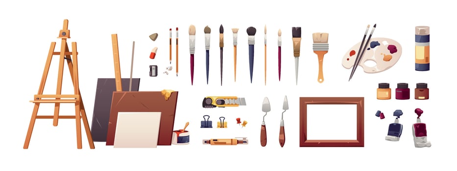 Painting accessories. Cartoon colored paintbrush knife palette brush, professional craft materials for painting, home studio concept. Vector set
