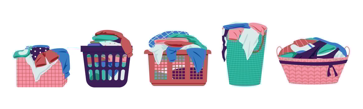 Laundry basket with clothes. Housewife wicker and woven basket with dirty and soiled clothes, bin with socks and T-shirt. Vector cartoon set
