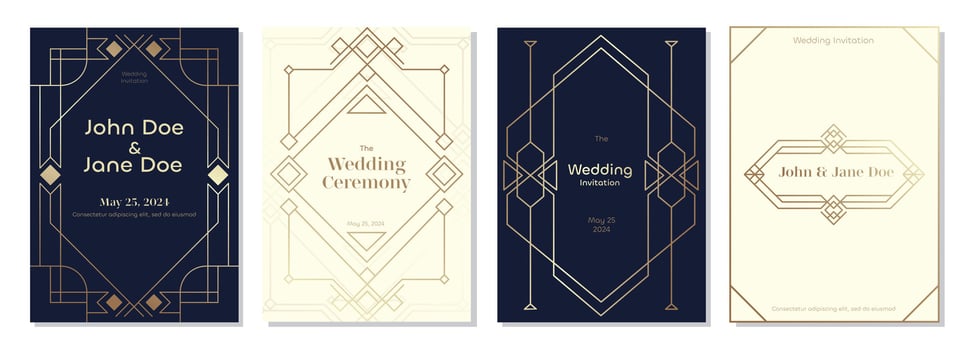 Art deco wedding invitation. Retro decorative label with geometric shapes and floral ornaments for wedding invitation postcard. Vector set