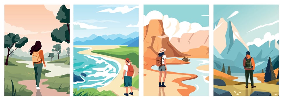 Travelers enjoying view. Cartoon persons enjoying nature and landscape, persons walking in park and camping. Vector isolated illustration