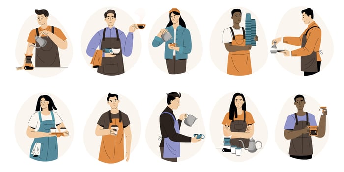 Barista character. Cartoon cafe worker preparing coffee and espresso, barista making cappuccino and latte. Vector coffee shop employee isolated set