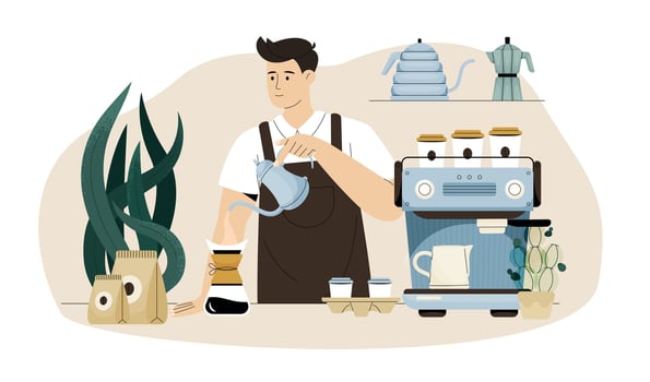 Barista making coffee. Cartoon cafe worker preparing coffee in cafe with coffee machine, barista making filtered coffee. Vector set
