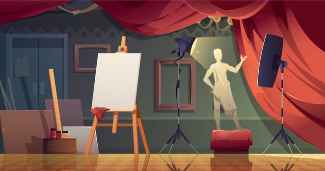Art studio interior. Cartoon room with painting materials, workshop with tools and palette, canvas for artists. Vector illustration