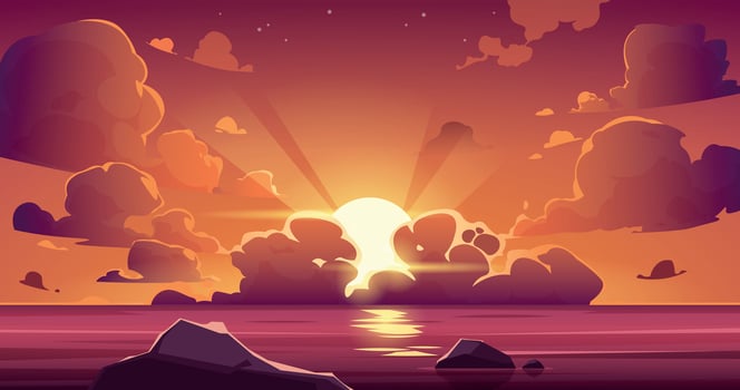 Cartoon sea sunset sky. Ocean beach scenery with floating purple clouds and close shore, sea sun rise backdrop. Vector sunset paradise view illustration