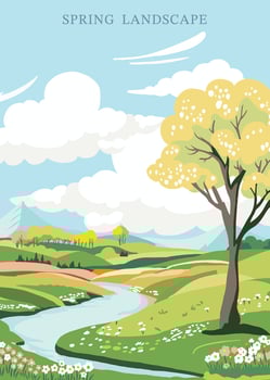 Spring landscape background with mountain and tree Editable vector illustration for postcard,a4 vertical size