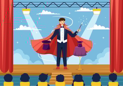 Magician Vector Illustration with Illusionist Conjuring Tricks and Waving a Magic Wand above his Mysterious Hat on a Stage in Flat Cartoon Background