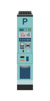 Self-pay parking meter with solar panel on top isolated on white background. Technology concept. Contactless payment concept. Payment for parking. vector