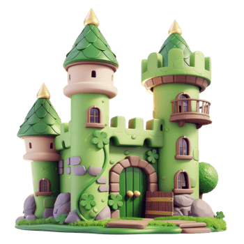 AI generated Whimsical green fantasy castle with enchanted towers. St. Patrick's day concept on transparent background png