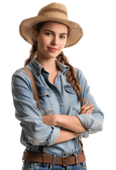 AI generated Smiling young woman in denim overalls and straw hat on transparent background png
