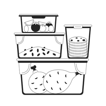 Meal prep containers plastic black and white 2D line cartoon object. Plastic food packaging isolated vector outline item. Lunch boxes. Storage leftovers monochromatic flat spot illustration