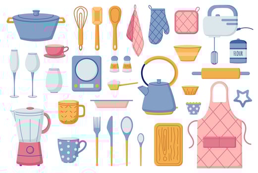 kitchen tools set, kitchenware, utensils, accessories for cooking, baking, pot, towel, blender, kettle, kitchen scales, cutlery, mixer, apron, glove, bowl, mug, flat vector illustration