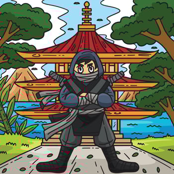Ninja in front of Pagoda Colored Cartoon vector