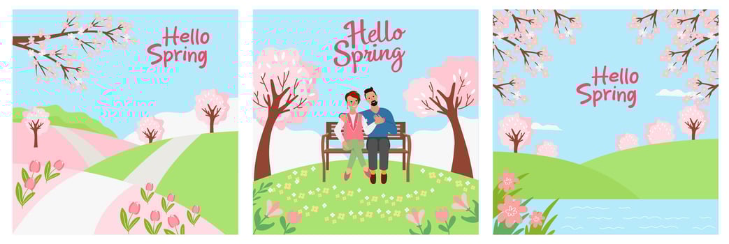 Spring nature landscapes. Vector set of greting cards with flowering fields, parks, couple in love, lake, sakura in bloom.
