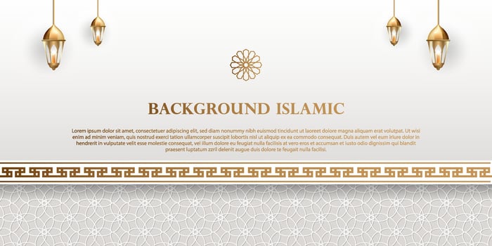 Islamic theme banner background, Arabic pattern ornaments. White color with luxurious gold silhouette. Decoration design element vector