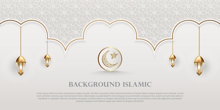 Islamic theme banner background, Arabic pattern ornaments. White color with luxurious gold silhouette. Decoration design element vector