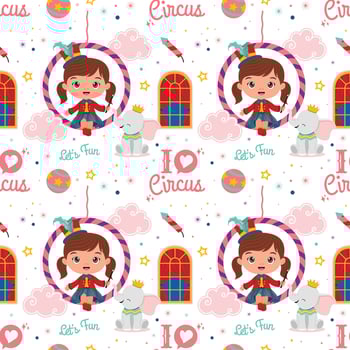 Circus seamless pattern with cute acrobat girl sitting on the hoop and baby elephant in white background vector