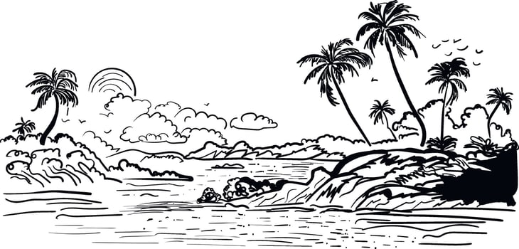 tropical panoramic outline sketch palm trees sea waves hand drawn landscape vector