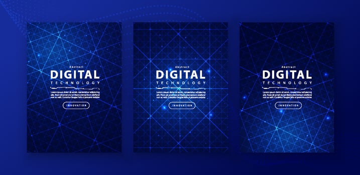 Poster brochure cover banner presentation layout template, technology digital futuristic internet network connection blue background, abstract cyber future tech communication, Ai big data science 3d vector