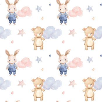 Seamless pattern with teddy bear and bunny. Cute childish wallpaper. Watercolor rabbit background in pastel colors png