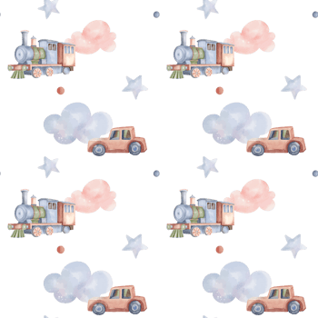 Seamless pattern with train, car. Cute childish wallpaper. Watercolor toys background in pastel colors png