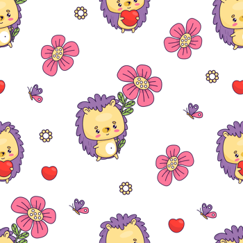 Seamless pattern with happy  hedgehog with heart and flower png