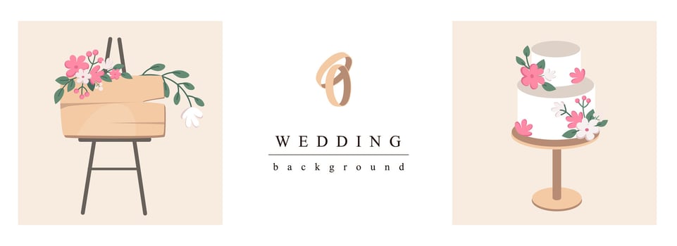 Wedding horizontal web banner. Wooden board with pink flowers, proposal rings, holiday cake at elegant marriage invitation. Vector illustration for header website, cover templates in modern design