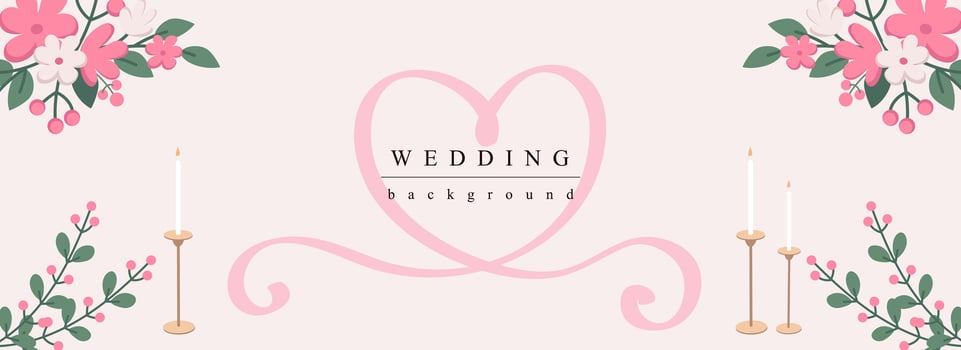 Wedding horizontal web banner. Abstract flower bouquets, candles with heart shape pink ribbon. Romance marriage invitation. Vector illustration for header website, cover templates in modern design
