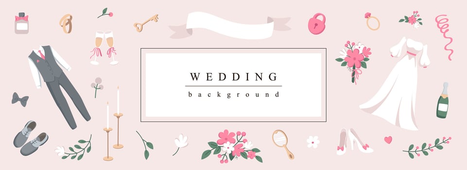 Wedding horizontal web banner. Elegant marriage invitation with flowers, groom suit, bride dress, garland, key, other symbol. Vector illustration for header website, cover templates in modern design