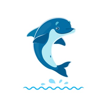 Cartoon dolphin character jump over sea waves vector