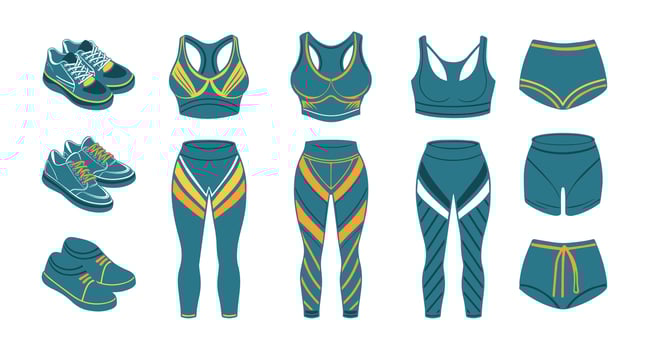 Running equipment for women, fitness set. Running accessories for women. Sportswear and sports shoes. Vector
