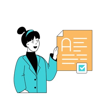 Education concept with cartoon people in flat design for web. Student takes exam and received highest grade of academic performance. Vector illustration for social media banner, marketing material.