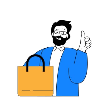 Delivery concept with cartoon people in flat design for web. Man shopping and ordering goods in cardboard bags, using shipment service. Vector illustration for social media banner, marketing material.