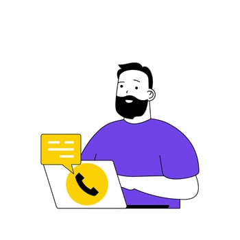 Contact us concept with cartoon people in flat design for web. Man chatting with clients in messenger at laptop and answering calls. Vector illustration for social media banner, marketing material.