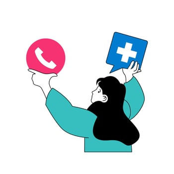 Medical concept with cartoon people in flat design for web. Woman is sick and calls hospital, gets consultation and waits for doctor. Vector illustration for social media banner, marketing material.