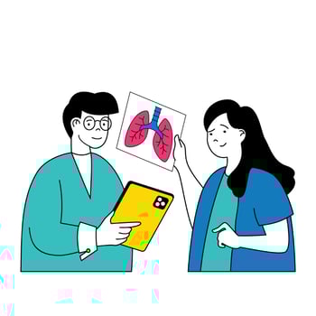 Medical concept with cartoon people in flat design for web. Doctor and nurse doing diagnosis of patient lungs by x-ray in clinic. Vector illustration for social media banner, marketing material.