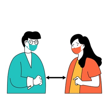 Coronavirus concept with cartoon people in flat design for web. Woman and man wearing medical masks and keeping safety distance. Vector illustration for social media banner, marketing material.