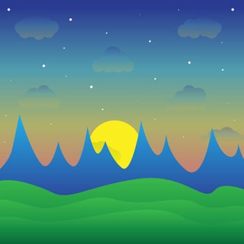 Lovely nature landscape modern style sunset illustration, with stylish flat design, house, trees, banner and field cartoon background vector